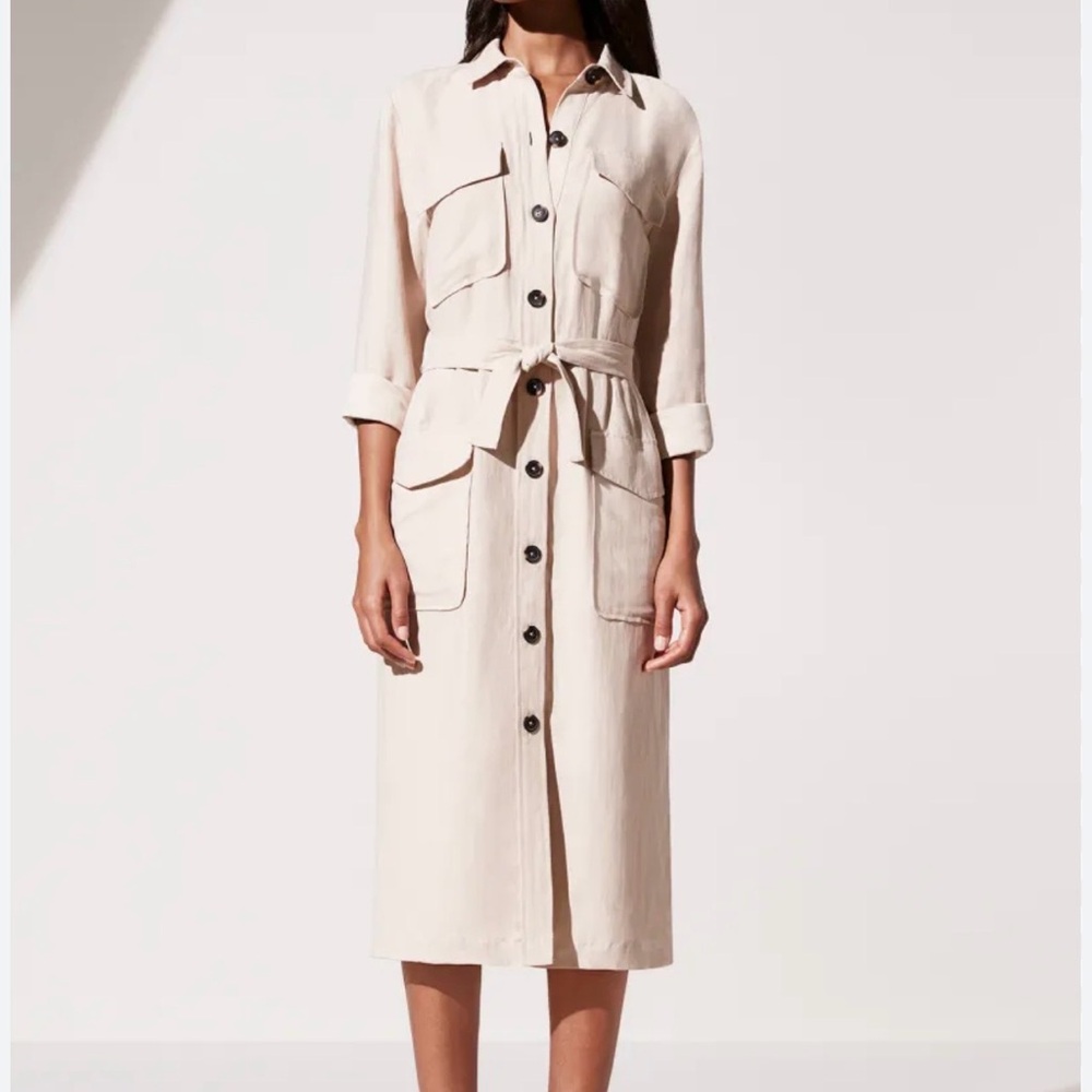 Ann Taylor Beige Trench Dress with Black Buttons and multiple pockets